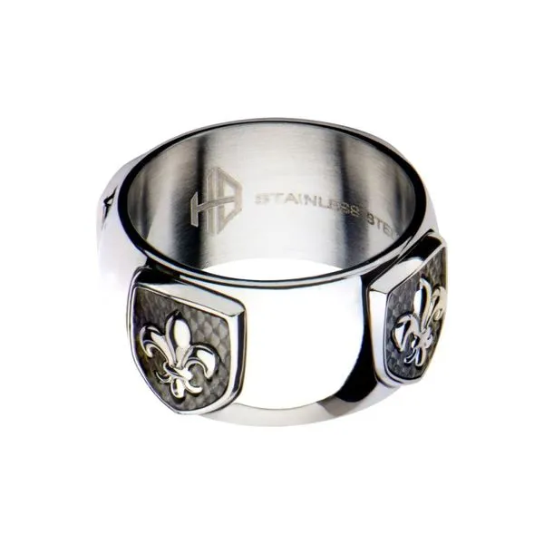 Polished Steel Finish Fleur de Lis Accent Mounted on a Brushed Gun Metal IP Ring Image 2 Daniel Jewelers Brewster, NY