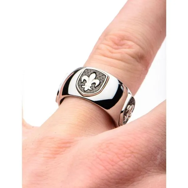 Polished Steel Finish Fleur de Lis Accent Mounted on a Brushed Gun Metal IP Ring Image 3 Rihner's Jewelry Gretna, LA
