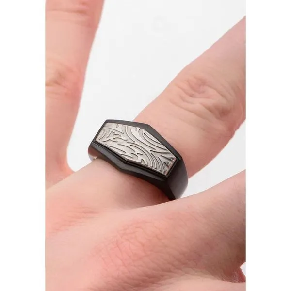 Polished Finish Black IP Frame with Brushed Finish Steel Grooves & Crests Ring Image 3 Alan Miller Jewelers Oregon, OH