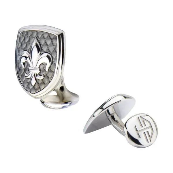 Polished Steel Finish Fleur de Lis Accent Mounted on a Brushed Gun Metal IP Cufflinks Image 2 Carroll's Jewelers Fort Lauderdale, FL