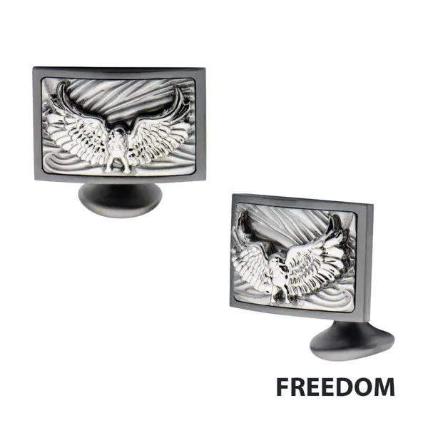 Sandblasted Gun Metal IP Eagle with Brushed Coin Stamped Pattern Cufflinks Alan Miller Jewelers Oregon, OH