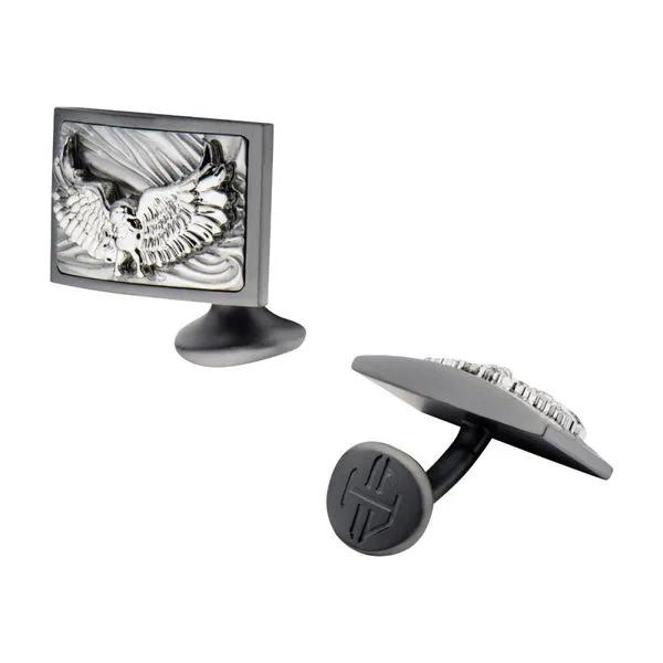 Sandblasted Gun Metal IP Eagle with Brushed Coin Stamped Pattern Cufflinks Image 2 Alan Miller Jewelers Oregon, OH