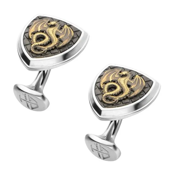 Polished Steel Frame with Black IP Pattern Antique Stamped Brass Dragon Cufflinks Image 2 Morin Jewelers Southbridge, MA