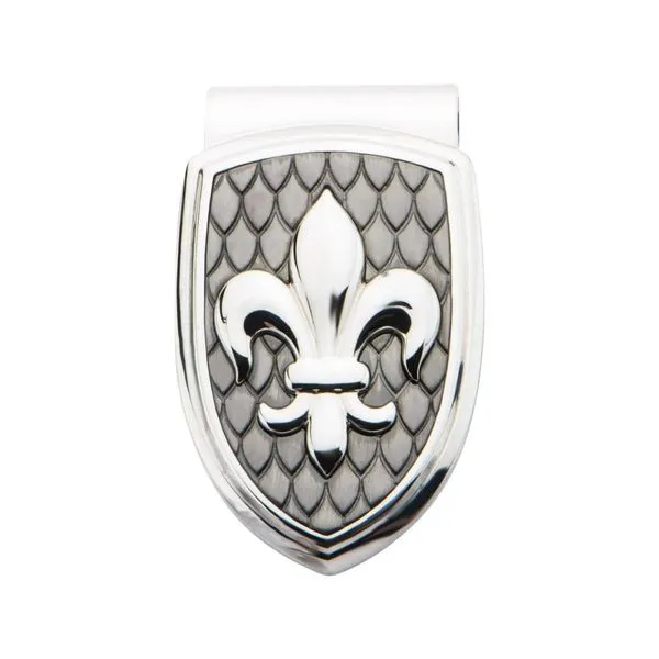Polished Steel Finish Fleur de Lis Accent Mounted on a Brushed Gun Metal IP Money Clip Image 2 Spath Jewelers Bartow, FL