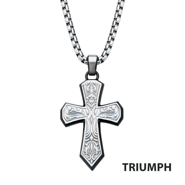 Black IP Steel Scroll Pattern Cross Pendant with Steel Box Chain Cellini Design Jewelers Orange, CT