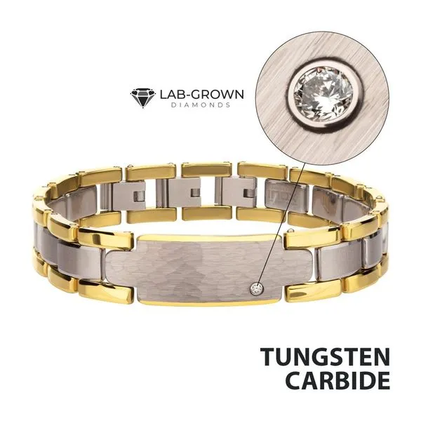 Genuine Lab-Grown Diamond on 18Kt Gold IP Tungsten Carbide Hammered ID Sizeable Link Bracelet Alan Miller Jewelers Oregon, OH