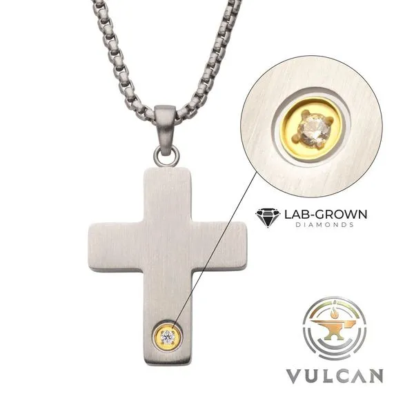1.6mm Genuine Clear Lab-Grown Diamond on Matte Finish Steel Engravable Compact Cross Vulcan Pendant Spath Jewelers Bartow, FL