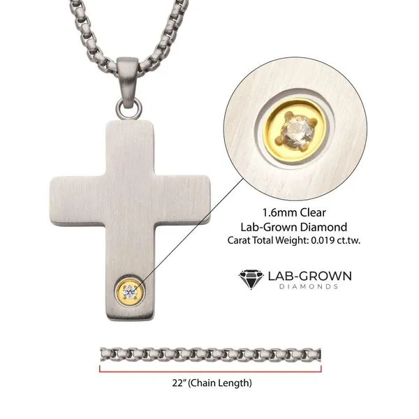 1.6mm Genuine Clear Lab-Grown Diamond on Matte Finish Steel Engravable Compact Cross Vulcan Pendant Image 4 Spath Jewelers Bartow, FL