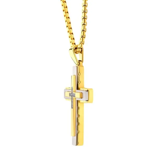 18Kt Gold IP Steel CNC Set Lab-Grown Diamond Layered Cross Pendant Image 3 Daniel Jewelers Brewster, NY
