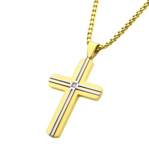 18Kt Gold IP Steel Lab-Grown Diamond Thin Line Layered Cross Pendant Image 2 Banks Jewelers Burnsville, NC