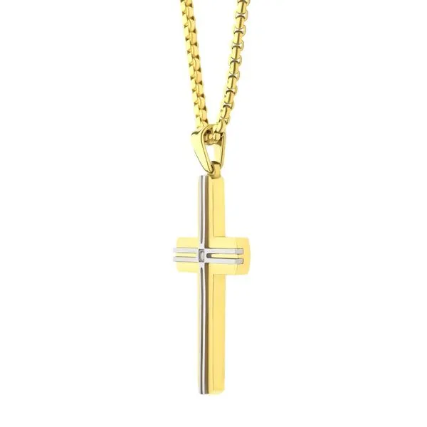 18Kt Gold IP Steel Lab-Grown Diamond Thin Line Layered Cross Pendant Image 3 Banks Jewelers Burnsville, NC