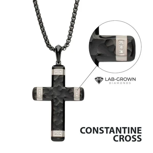 Matte Finish Black IP Carved Steel Large Cross Pendant with steel accents & Lab-Grown Diamonds Cellini Design Jewelers Orange, CT