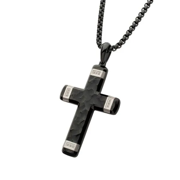 Matte Finish Black IP Carved Steel Large Cross Pendant with steel accents & Lab-Grown Diamonds Image 2 Cellini Design Jewelers Orange, CT