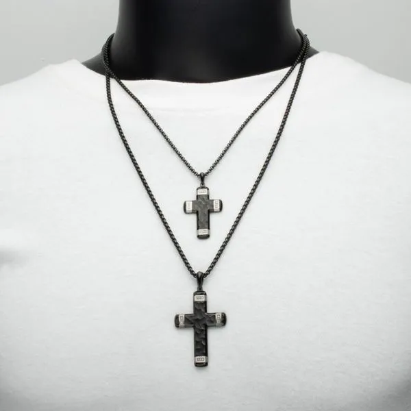Matte Finish Black IP Carved Steel Large Cross Pendant with steel accents & Lab-Grown Diamonds Image 5 Alan Miller Jewelers Oregon, OH