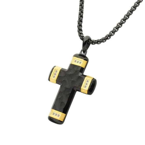 Matte Finish Black IP Carved Steel Small Cross Pendant with 18Kt Gold IP accents Image 2 Daniel Jewelers Brewster, NY