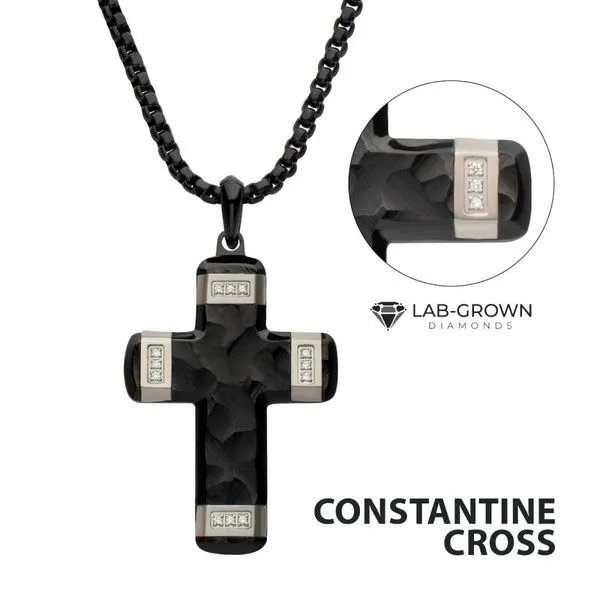 Matte Finish Black IP Carved Steel Small Cross Pendant with steel accents & Lab-Grown Diamonds Alan Miller Jewelers Oregon, OH