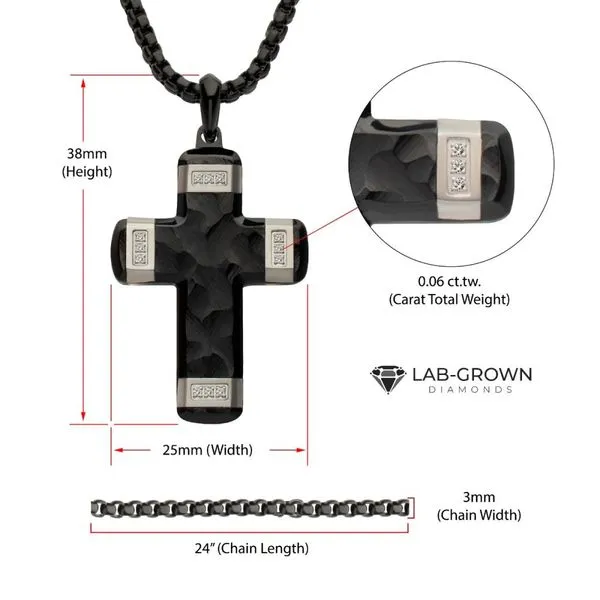 Matte Finish Black IP Carved Steel Small Cross Pendant with steel accents & Lab-Grown Diamonds Image 4 Alan Miller Jewelers Oregon, OH