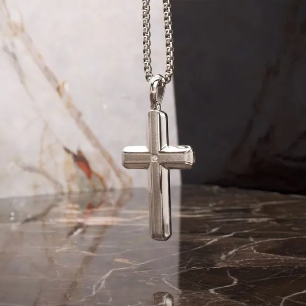 Stainless Steel Lab-Grown Diamond Brushed Finish Cross Pendant Image 4 Woelk's House of Diamonds Russell, KS