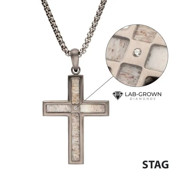Gun Metal IP Steel Matte Finish Deer Antler Inlay with Lab-Grown Diamond Cross Pendant Daniel Jewelers Brewster, NY