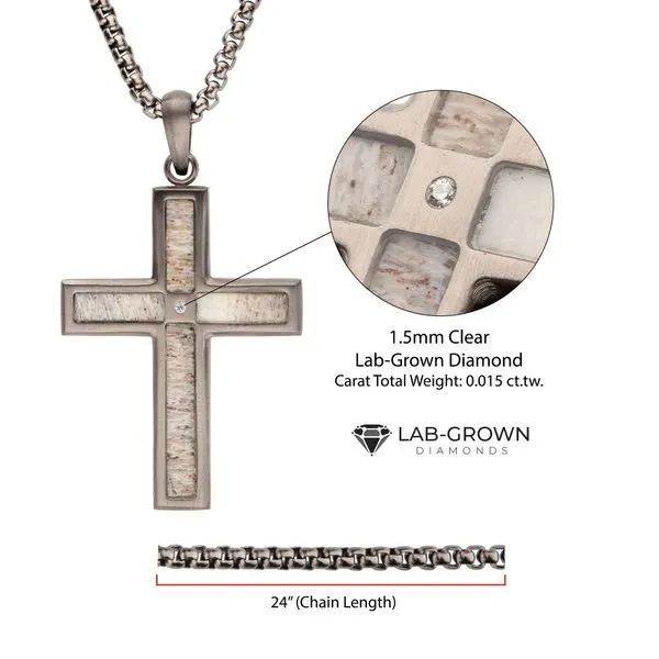 Gun Metal IP Steel Matte Finish Deer Antler Inlay with Lab-Grown Diamond Cross Pendant Image 4 Rihner's Jewelry Gretna, LA