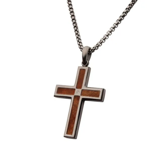 Gun Metal IP Steel Matte Finish Whiskey Barrel Wood Inlay with Lab-Grown Diamond Cross Pendant Image 2 Cellini Design Jewelers Orange, CT