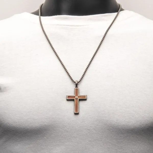 Gun Metal IP Steel Matte Finish Whiskey Barrel Wood Inlay with Lab-Grown Diamond Cross Pendant Image 5 Cellini Design Jewelers Orange, CT