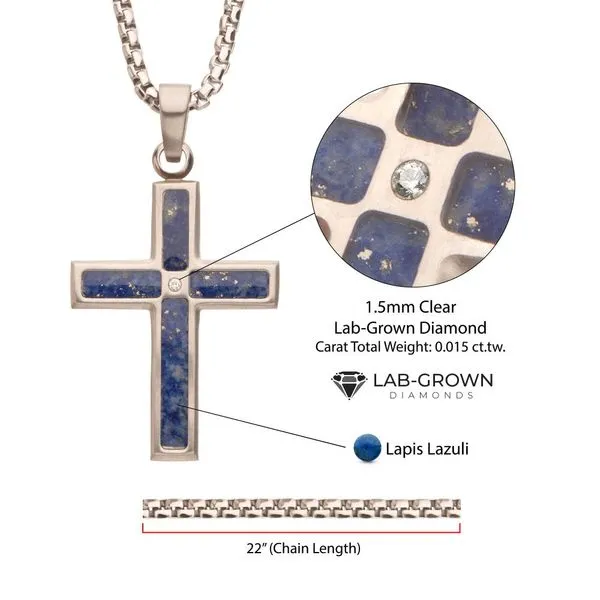 Matte Finish Stainless Steel Lapis Lazuli Stone Inlay with Lab-Grown Diamond Cross Pendant Image 4 Carroll's Jewelers Fort Lauderdale, FL