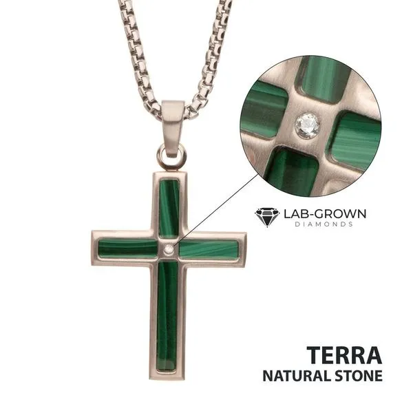 Matte Finish Stainless Steel Malachite Stone Inlay with Lab-Grown Diamond Cross Pendant Trenton Jewelers Ltd. Trenton, MI