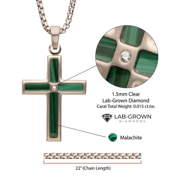 Matte Finish Stainless Steel Malachite Stone Inlay with Lab-Grown Diamond Cross Pendant Image 4 Trenton Jewelers Ltd. Trenton, MI