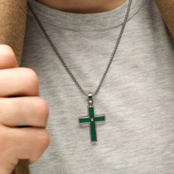 Matte Finish Stainless Steel Malachite Stone Inlay with Lab-Grown Diamond Cross Pendant Image 5 Trenton Jewelers Ltd. Trenton, MI