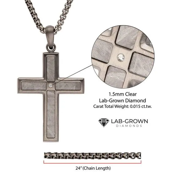 Gun Metal IP Steel Matte Finish Meteorite Inlay with Lab-Grown Diamond Cross Pendant Image 4 Ask Design Jewelers Olean, NY