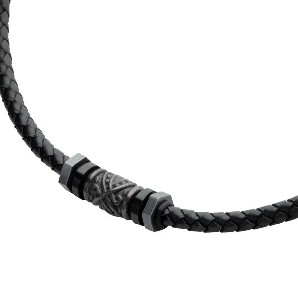Black Full Grain Cowhide Leather Braided Necklace with Gun Metal Beads Image 2 Daniel Jewelers Brewster, NY