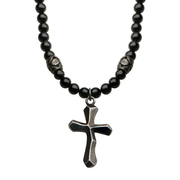 Black Onyx Beads with Steel Cross Pendant Necklace Cellini Design Jewelers Orange, CT