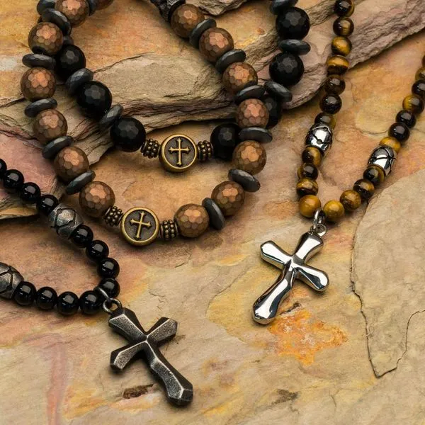 Black Onyx Beads with Steel Cross Pendant Necklace Image 3 Cellini Design Jewelers Orange, CT