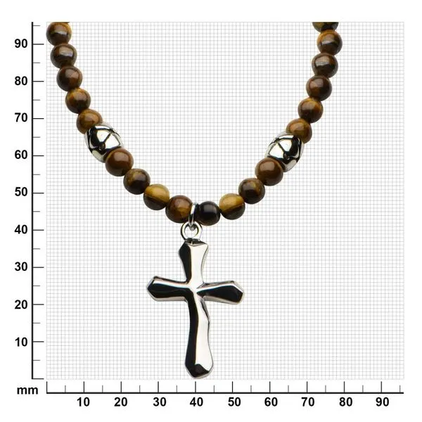 Tiger Eye Beads with Steel Cross Pendant Necklace Image 4 Timmreck & McNicol Jewelers McMinnville, OR