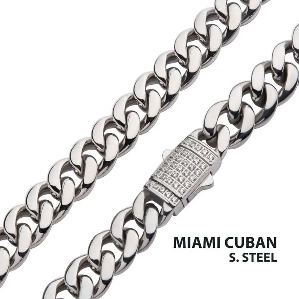 8mm Steel Miami Cuban Chain Necklace with CNC Precision Set CZ Double Tab Box Clasp  Cellini Design Jewelers Orange, CT