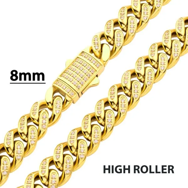 8mm 18Kt Gold IP Steel Miami Cuban Chain Necklace with 1mm CNC Set Clear Cubic Zirconia Rihner's Jewelry Gretna, LA