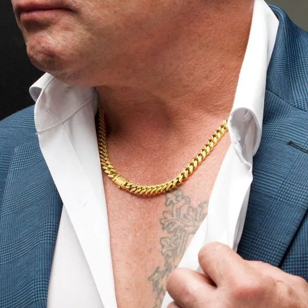 8mm 18Kt Gold IP Steel Miami Cuban Chain Necklace with 1mm CNC Set Clear Cubic Zirconia Image 5 Rihner's Jewelry Gretna, LA