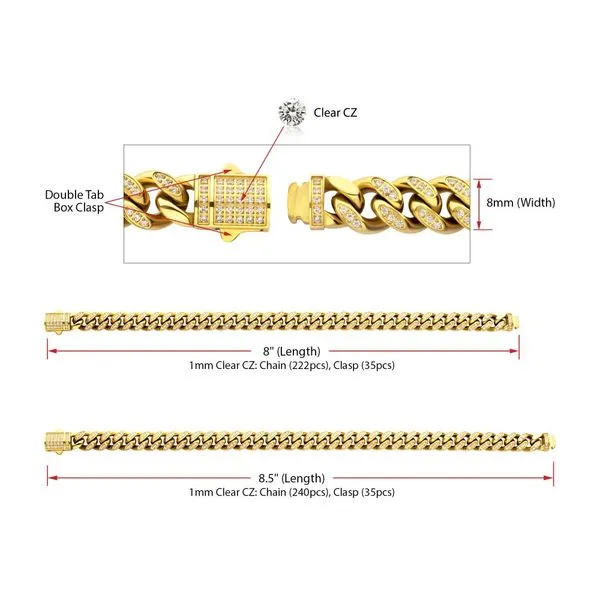 8mm 18Kt Gold IP Steel Miami Cuban Chain Bracelet with 1mm CNC Set Clear Cubic Zirconia Image 4 Rihner's Jewelry Gretna, LA