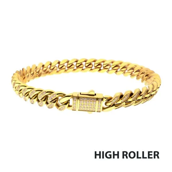 8mm 18Kt Gold IP Steel Miami Cuban Chain Bracelet with 1mm CNC Set Clear Cubic Zirconia Rihner's Jewelry Gretna, LA