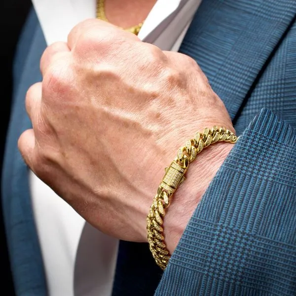 8mm 18Kt Gold IP Steel Miami Cuban Chain Bracelet with 1mm CNC Set Clear Cubic Zirconia Image 5 Rihner's Jewelry Gretna, LA