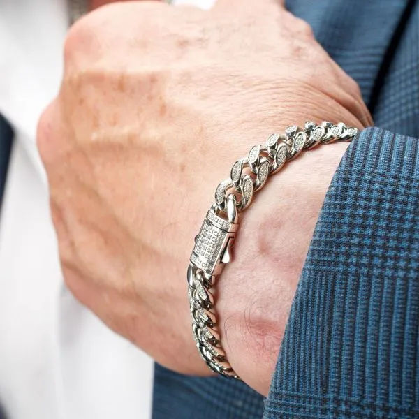 8mm Stainless Steel Miami Cuban Chain Bracelet with 1mm CNC Set Clear Cubic Zirconia Image 5 Rihner's Jewelry Gretna, LA
