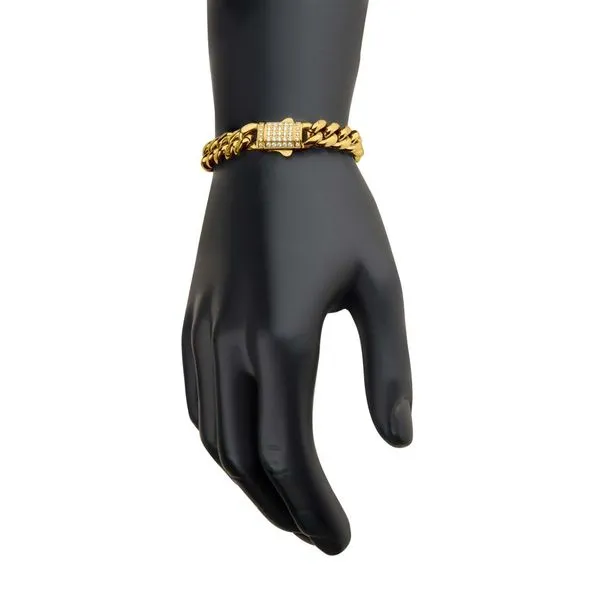 10mm 18Kt Gold IP Miami Cuban Chain Bracelet with CNC Precision Set CZ Double Tab Box Clasp  Image 4 Daniel Jewelers Brewster, NY