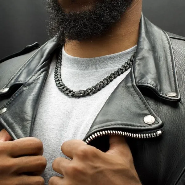 12mm Matte Blackout Miami Cuban Chain Necklace with CNC Set Black Spinel Image 5 Rihner's Jewelry Gretna, LA