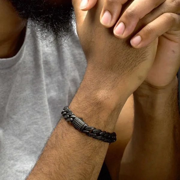 12mm Matte Black Cuban Bracelet with CNC-set Black Spinel Stones Image 5 Trenton Jewelers Ltd. Trenton, MI