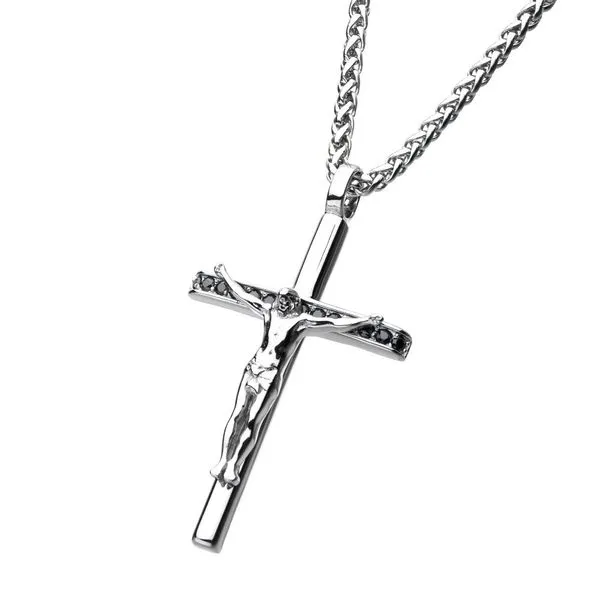 Stainless Steel CNC Set Genuine Black Sapphire Gem Jesus Christ Crucifix Cross Pendant Image 2 Rihner's Jewelry Gretna, LA