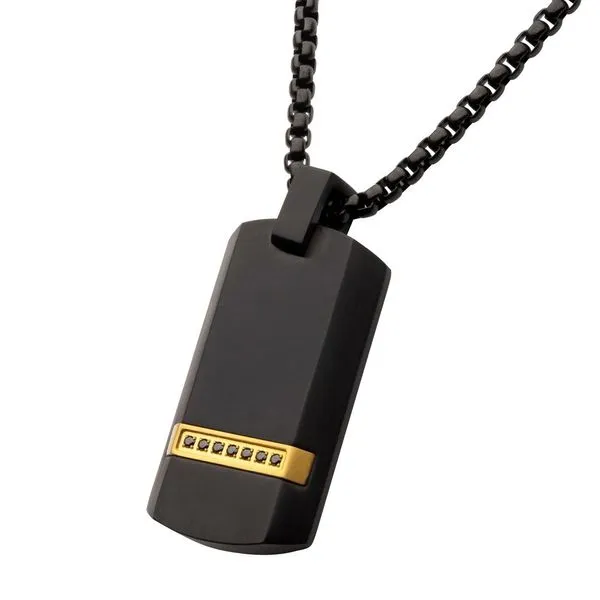 Black IP Steel Genuine Black Sapphire Gem Dog Tag Pendant with Box Chain Image 2 Spath Jewelers Bartow, FL