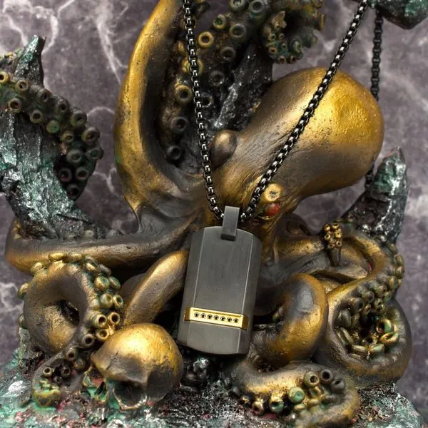 Black IP Steel Genuine Black Sapphire Gem Dog Tag Pendant with Box Chain Image 4 Valentine's Fine Jewelry Dallas, PA