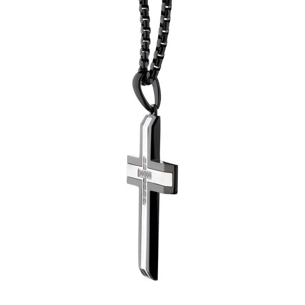 Black IP Steel Genuine Black Sapphire Gem Cross Pendant with Box Chain Image 2 Banks Jewelers Burnsville, NC