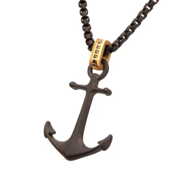 Black IP Steel Matte Finish Kraken Anchor Pendant with Golden Glint of Black Sapphire Bail Image 2 Cellini Design Jewelers Orange, CT